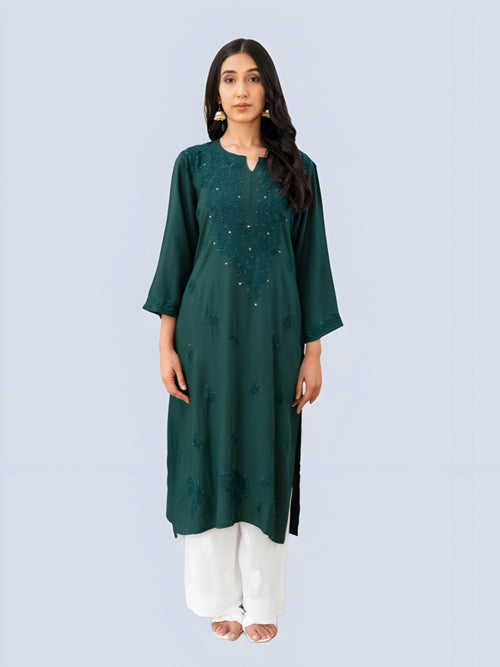 Bottle Green Tuba Rayon kurti with Muquesh Work