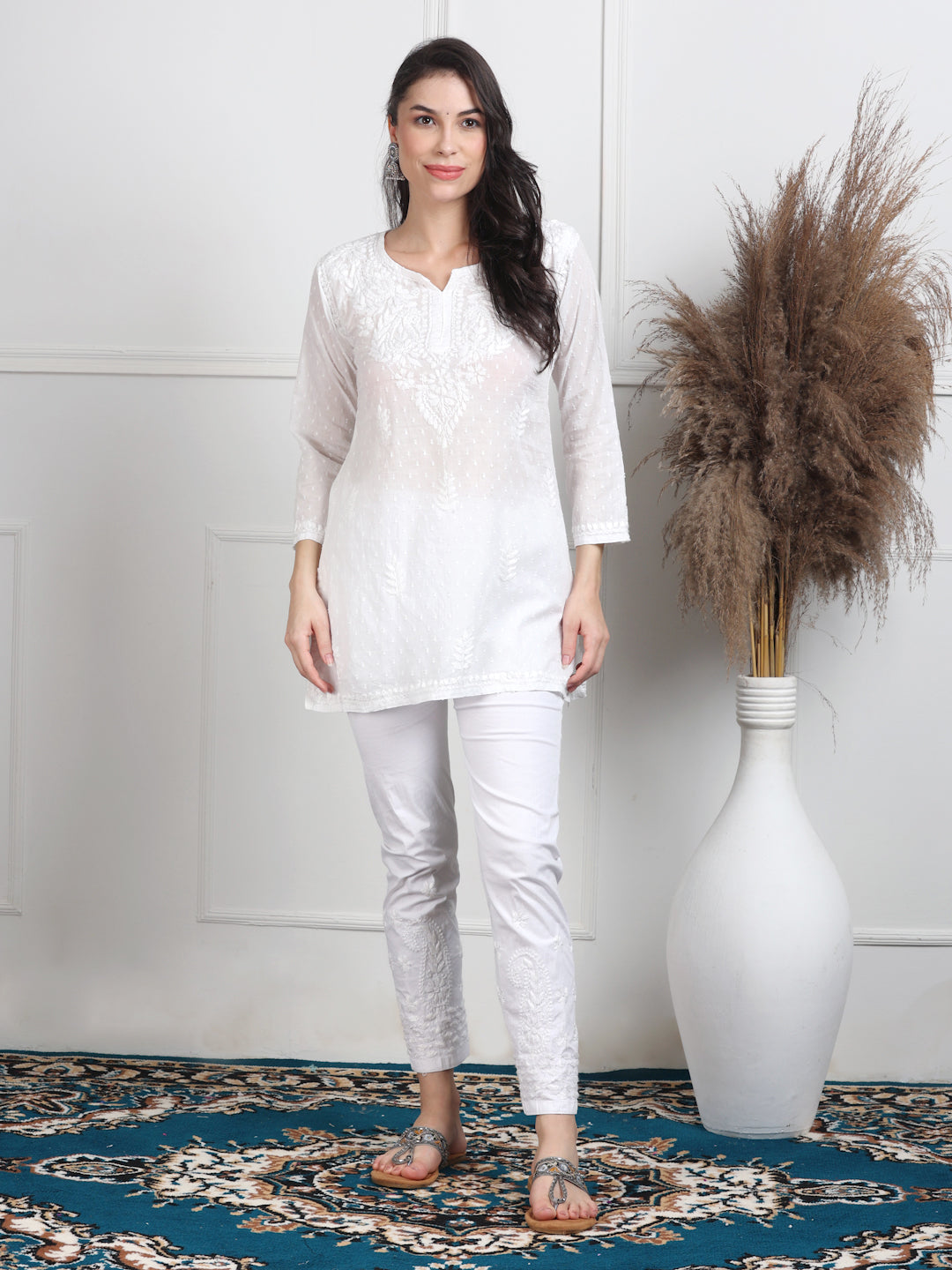 Women's White Lucknowi Chikankari Short Top – Pure Cotton Straight Short Kurti