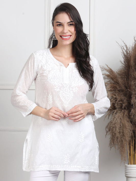 Women's White Lucknowi Chikankari Short Top – Pure Cotton Straight Short Kurti
