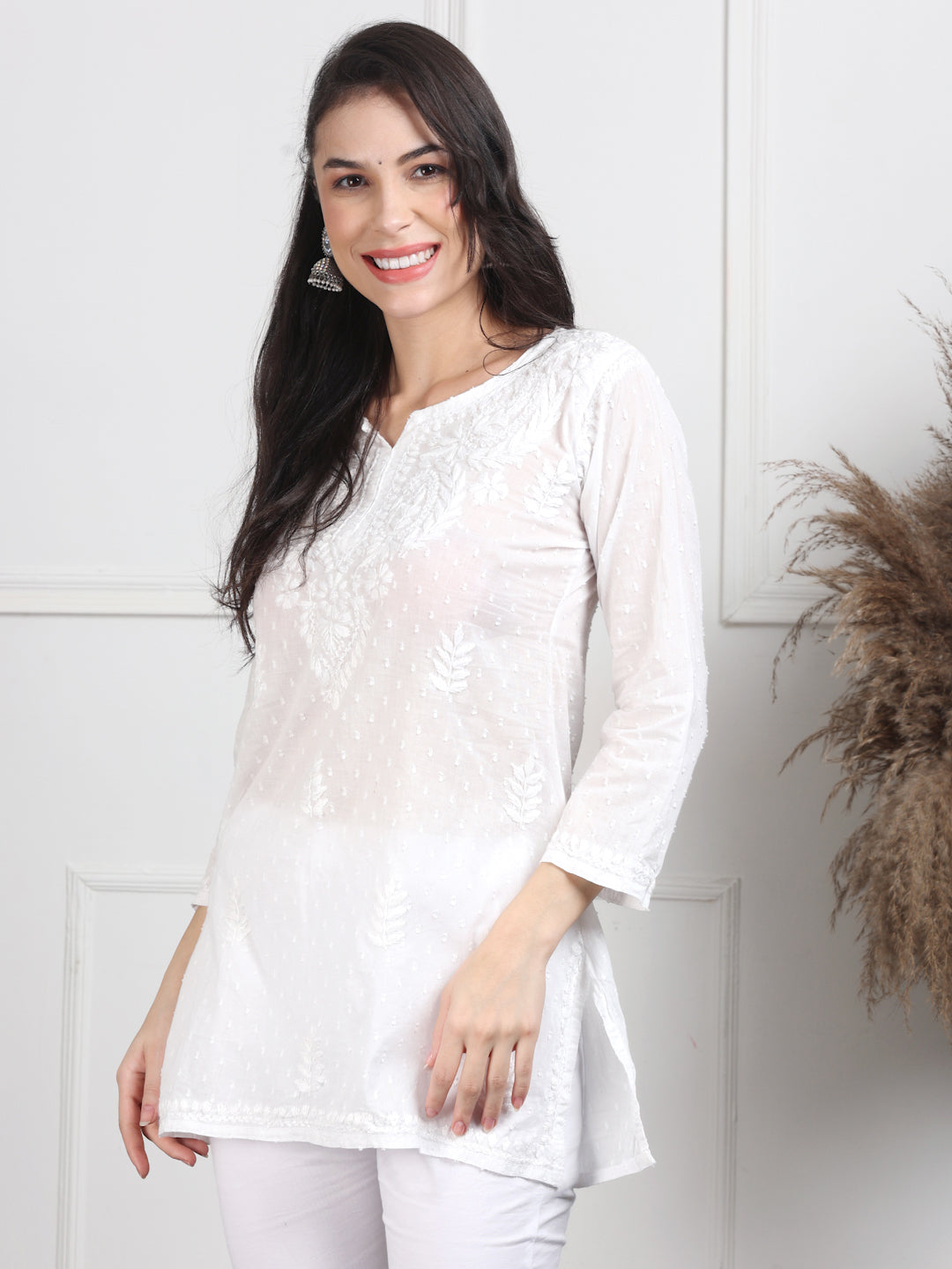 Women's White Lucknowi Chikankari Short Top – Pure Cotton Straight Short Kurti