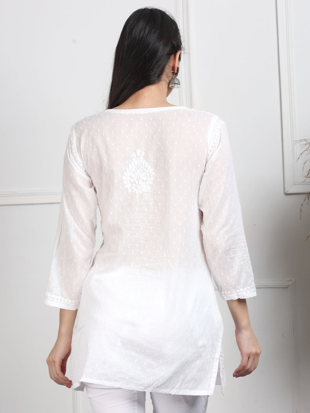 Women's White Lucknowi Chikankari Short Top – Pure Cotton Straight Short Kurti