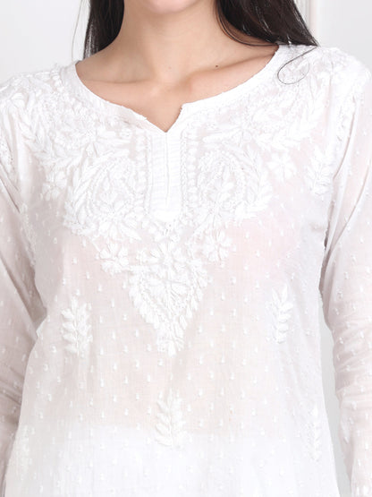 Women's White Lucknowi Chikankari Short Top – Pure Cotton Straight Short Kurti