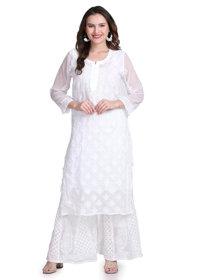 Chiffon Georgette Muquesh Work White Straight Kurta, Sharara & Dupatta Set With Cotton inner