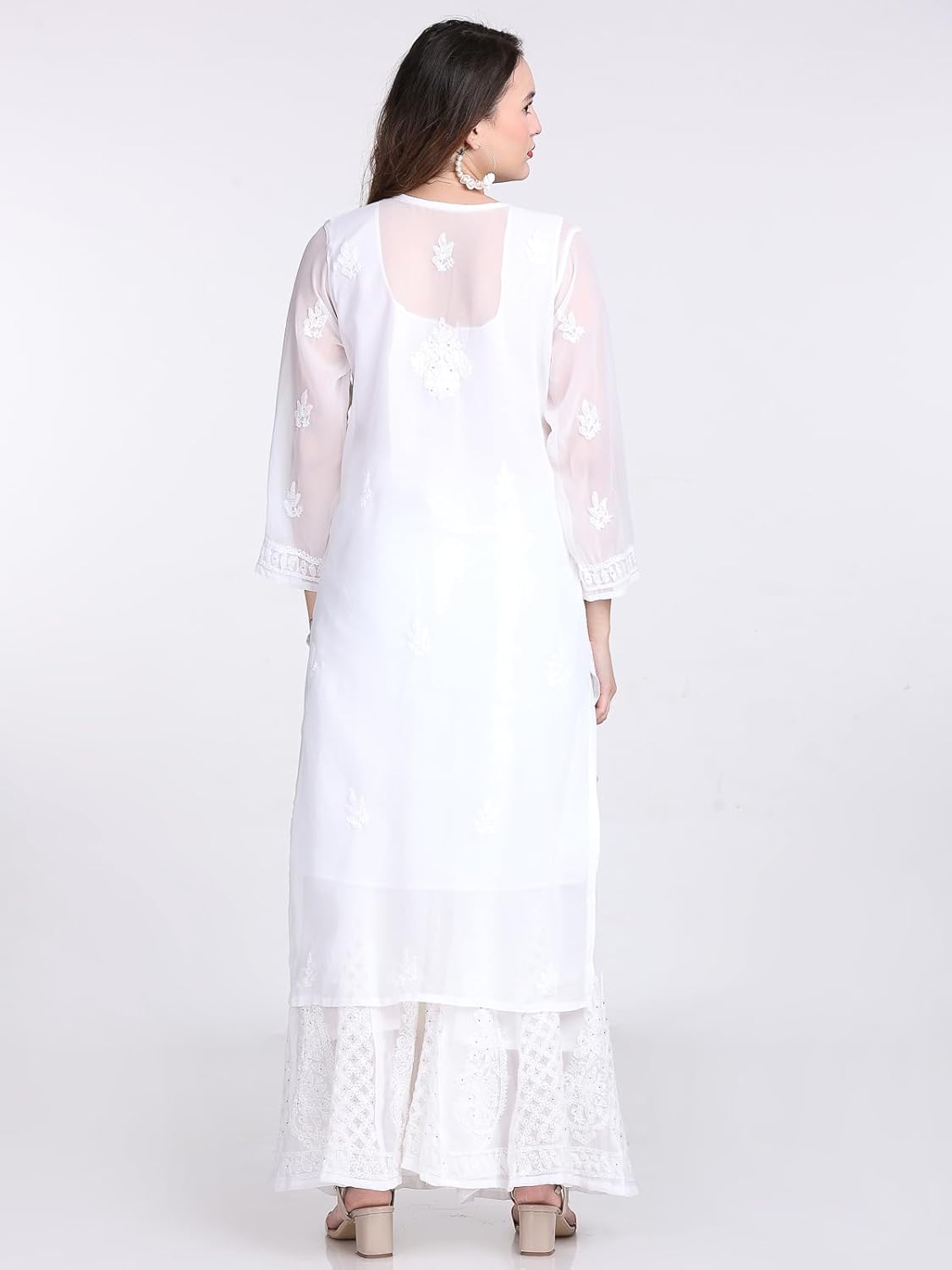 Chiffon Georgette Muquesh Work White Straight Kurta, Sharara & Dupatta Set With Cotton inner