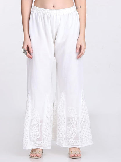 Chiffon Georgette Muquesh Work White Straight Kurta, Sharara & Dupatta Set With Cotton inner