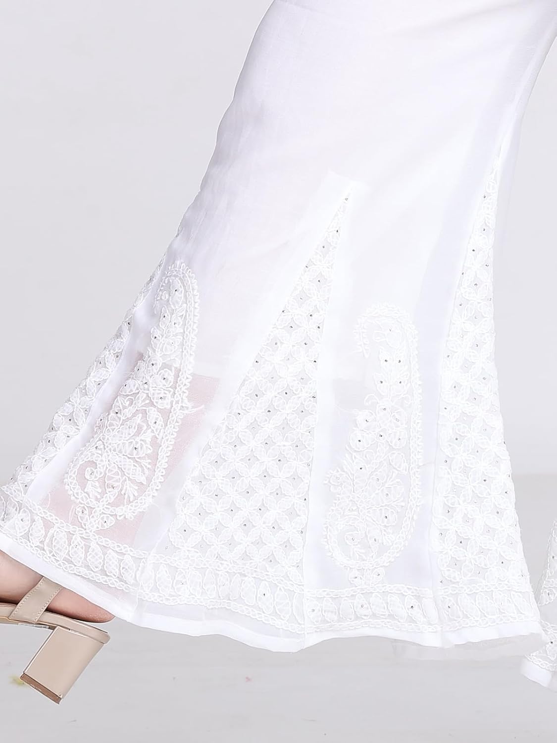 Chiffon Georgette Muquesh Work White Straight Kurta, Sharara & Dupatta Set With Cotton inner
