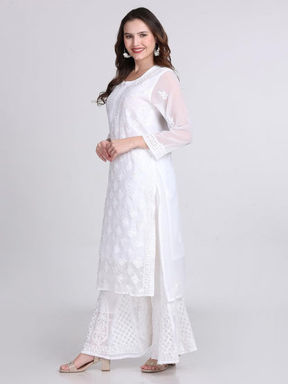 Chiffon Georgette Muquesh Work White Straight Kurta, Sharara & Dupatta Set With Cotton inner