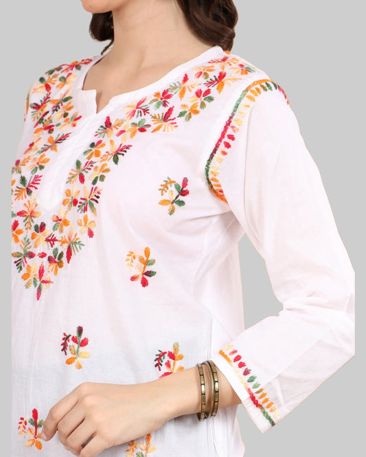 White Cotton Chikankari Short Kurti with Multi-Thread Embroidery for Women – 28" Length | Soft, Non-Transparent & Stylish Chikankari Kurti