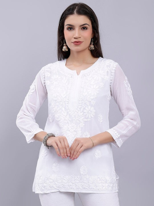 Imroz Women's Premium White Modal Chikankari Short Kurti