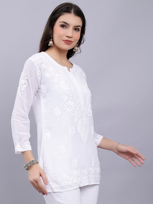 Imroz Women's Premium White Modal Chikankari Short Kurti