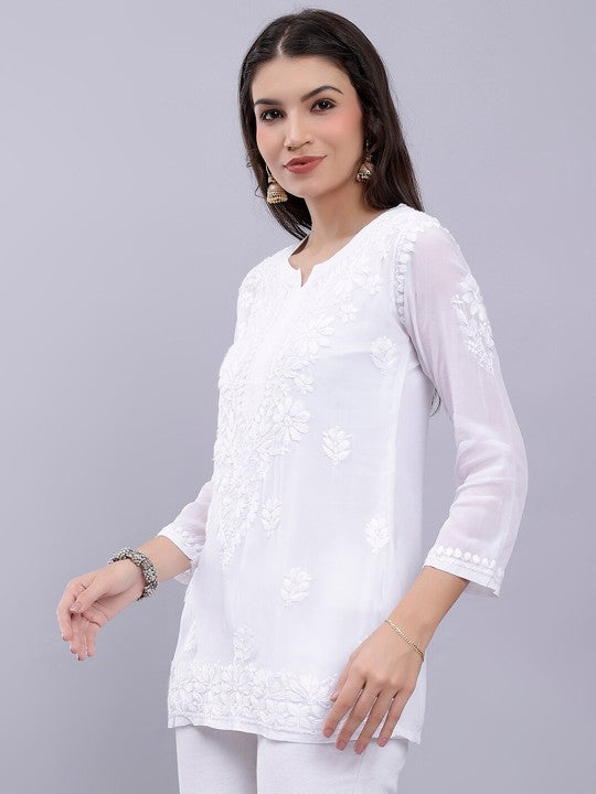 Imroz Women's Premium White Modal Chikankari Short Kurti