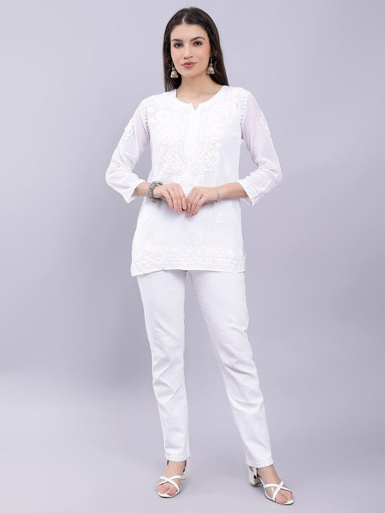 Imroz Women's Premium White Modal Chikankari Short Kurti
