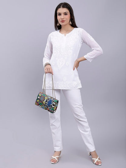 Imroz Women's Premium White Modal Chikankari Short Kurti