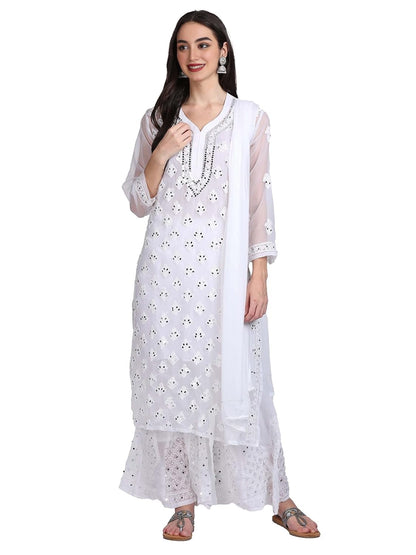 Premium Chiffon Georgette Mirror Work Kurti, Sharara & Dupatta Set With Free Matching Cotton Inner, Mirror Work 4-Piece Kurti Set