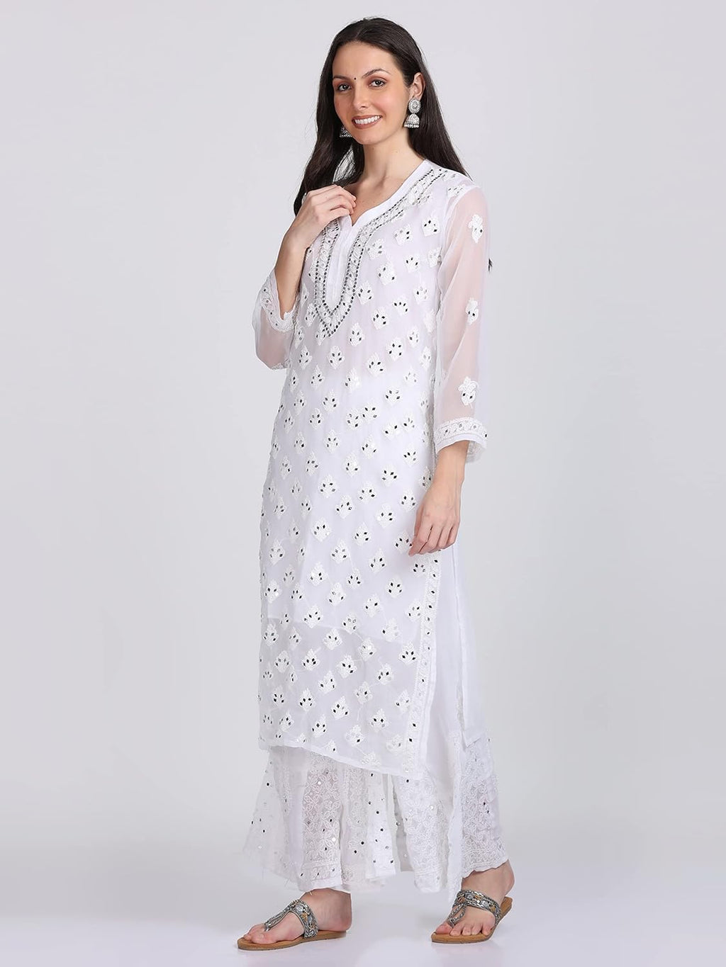 White Hina Ombre Dyed Mirror Work Kurti Set