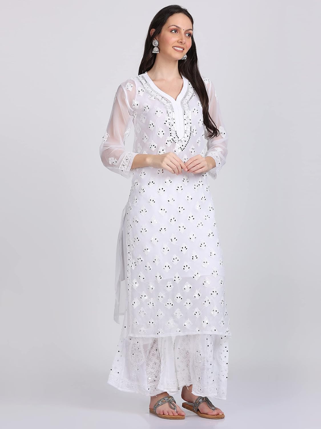 White Hina Ombre Dyed Mirror Work Kurti Set