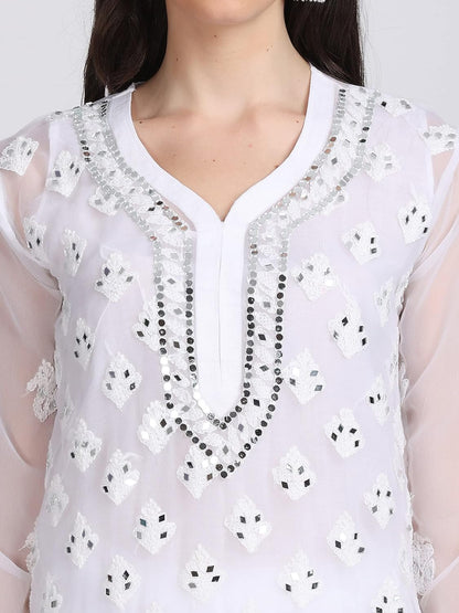 Chiffon Georgette Dyed Real Pasted Mirror Work Kurti, Sharara & Dupatta Set With Free Matching Cotton Inner