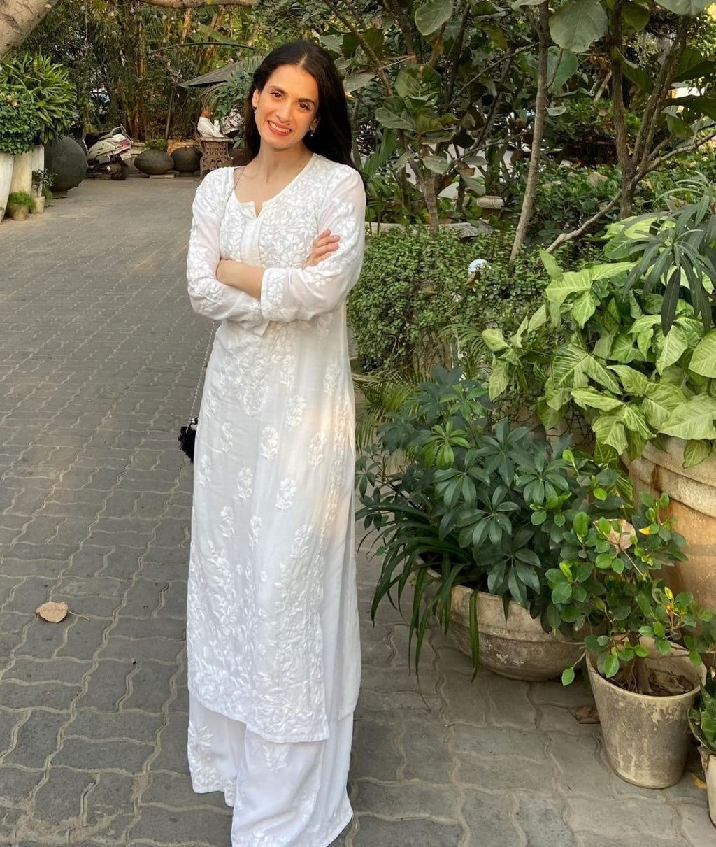 White Naila Modal Chikankari Kurti Set