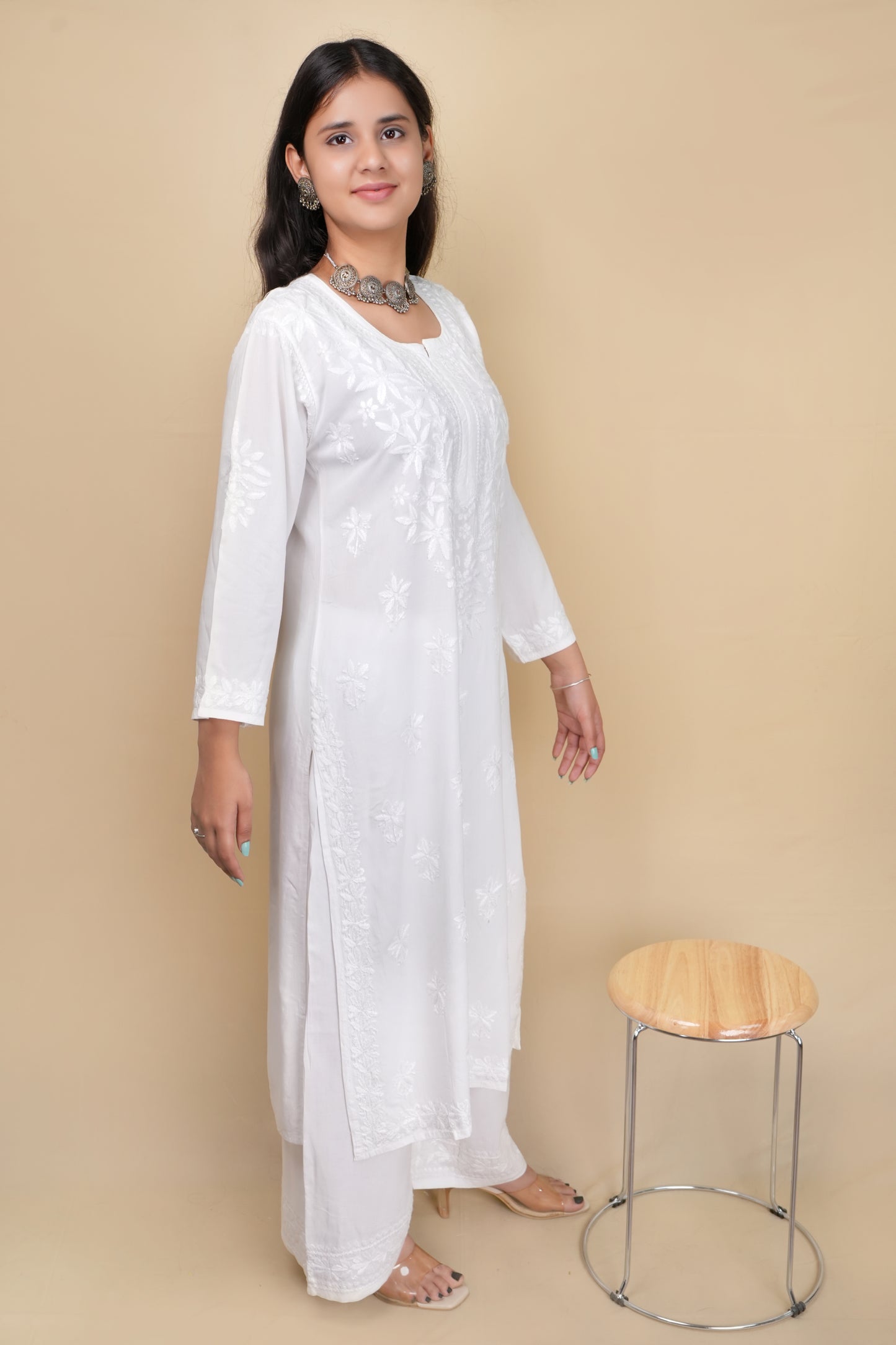 Women's Exclusive White Straight Rayon Lucknowi Chikankari Kurti & Palazzo Set.