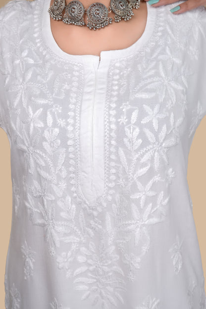 Women's Exclusive White Straight Rayon Lucknowi Chikankari Kurti & Palazzo Set.