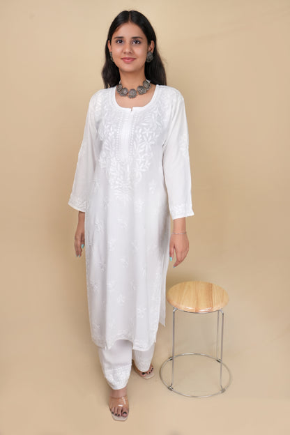 Women's Exclusive White Straight Rayon Lucknowi Chikankari Kurti & Palazzo Set.