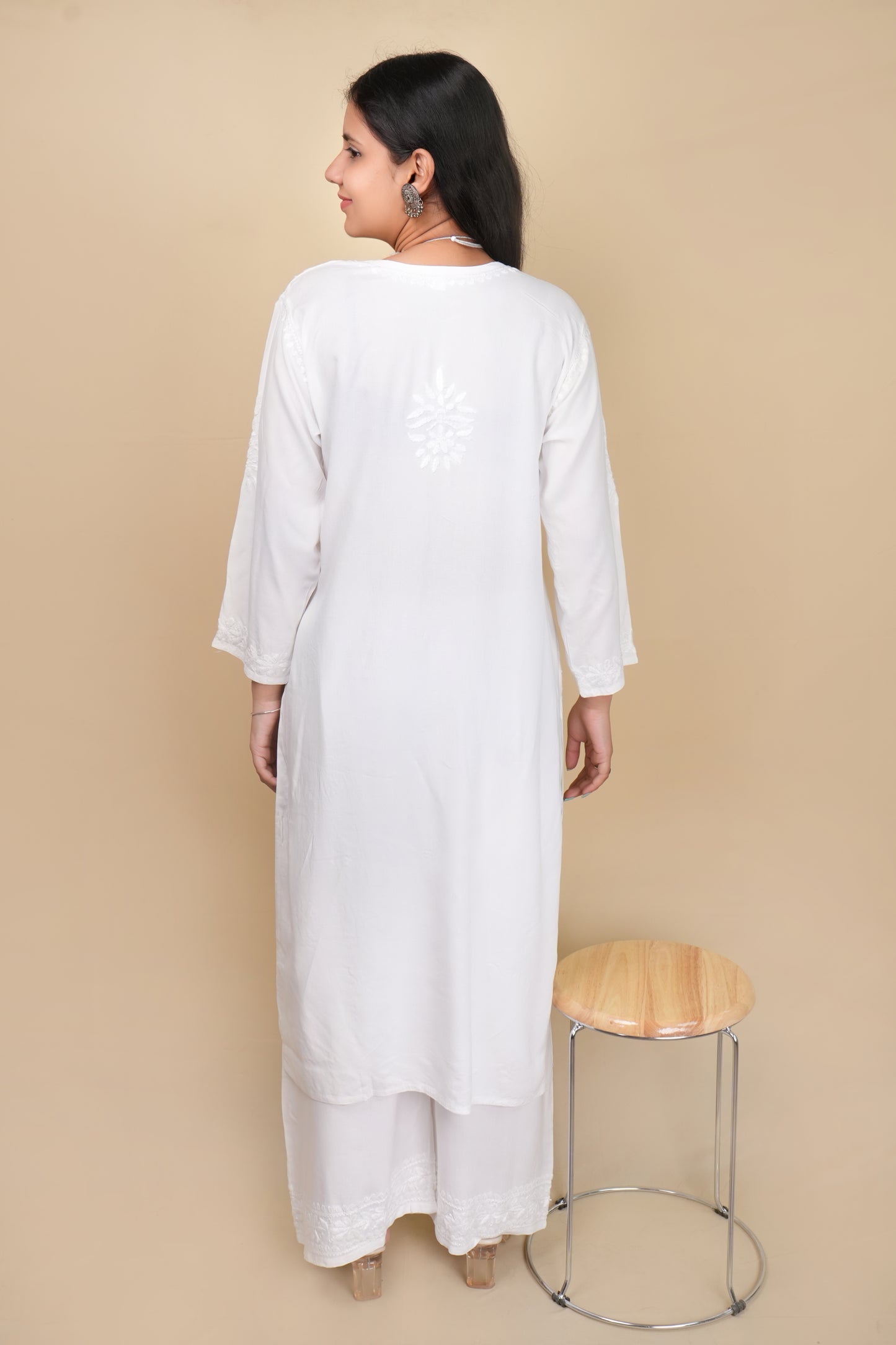 Women's Exclusive White Straight Rayon Lucknowi Chikankari Kurti & Palazzo Set.