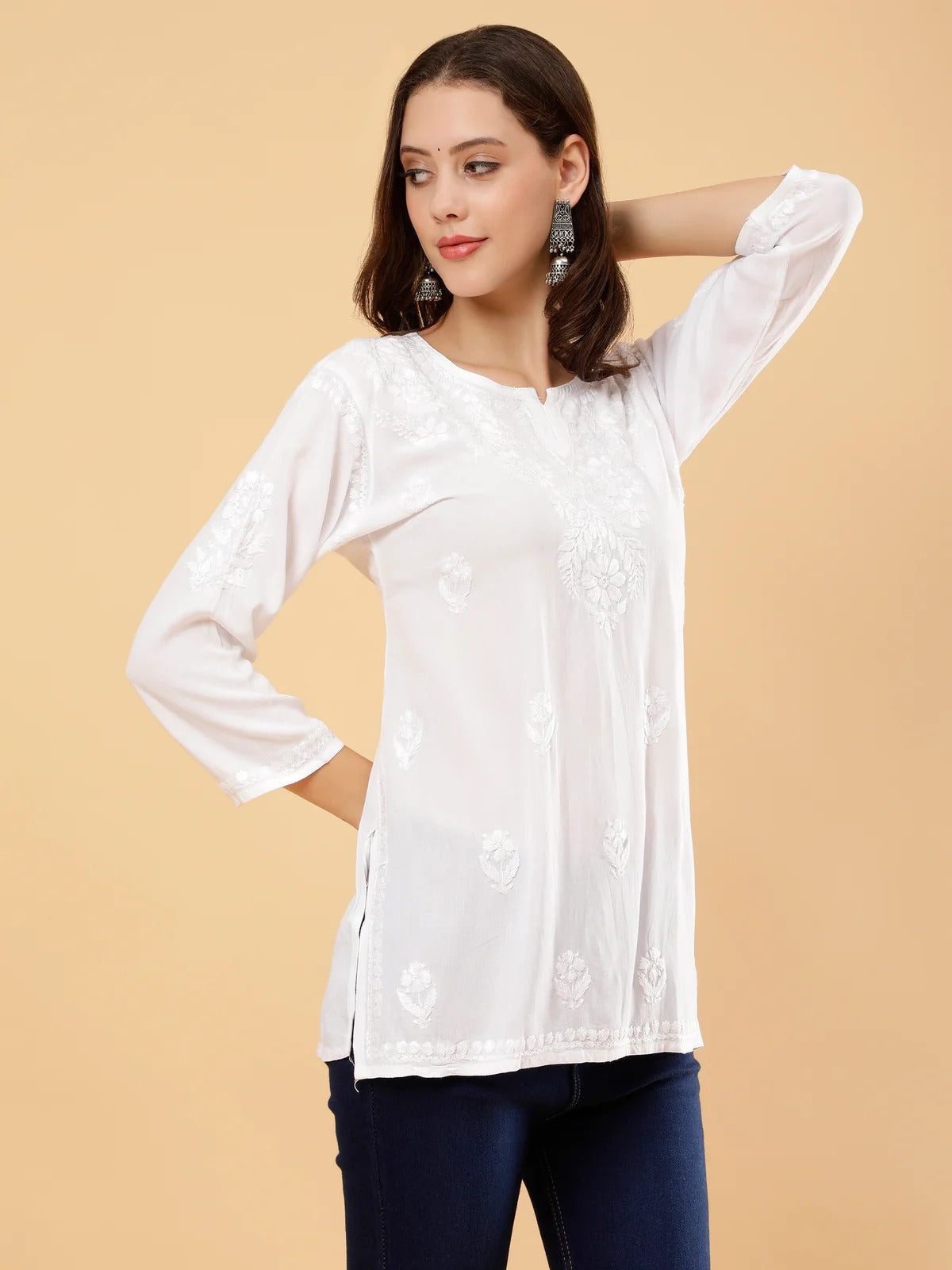 Zahra White Dyed Short Rayon Chikankari Top - Comfortable & Non-Transparent Chikankari Short Kurti