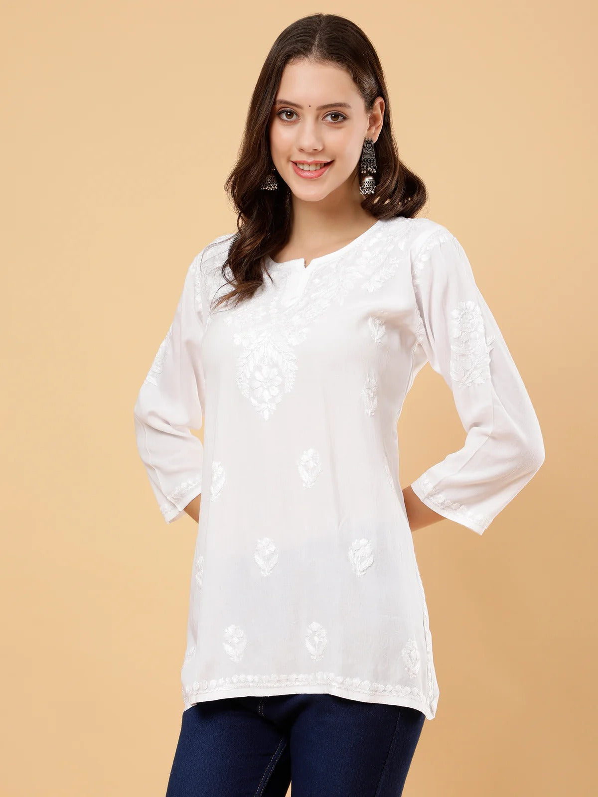 Zahra White Dyed Short Rayon Chikankari Top - Comfortable & Non-Transparent Chikankari Short Kurti