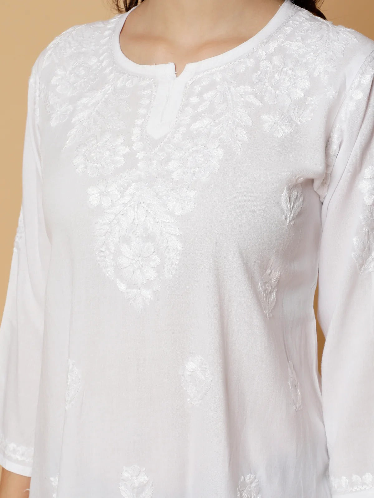 Zahra White Dyed Short Rayon Chikankari Top - Comfortable & Non-Transparent Chikankari Short Kurti