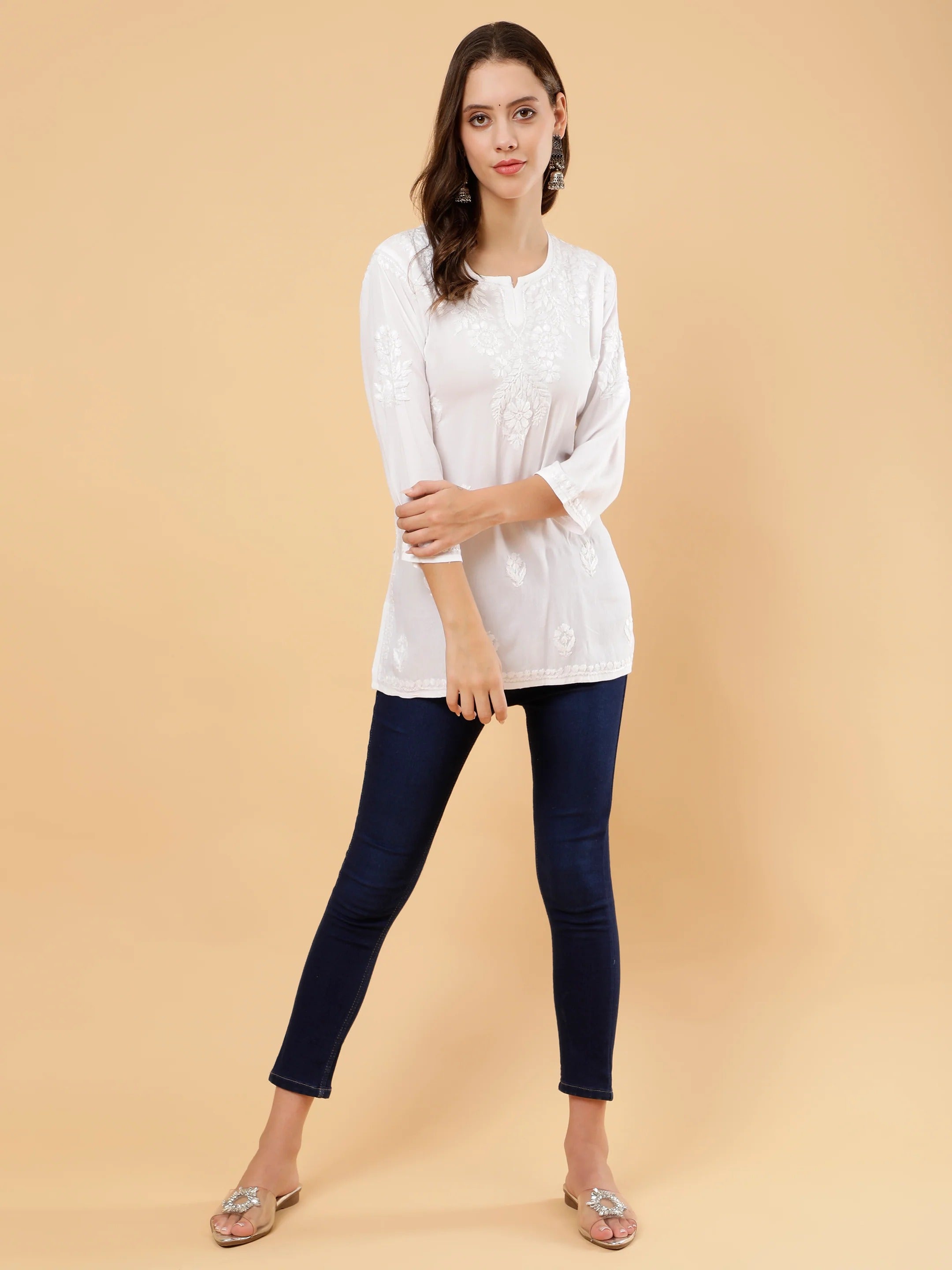 Zahra White Dyed Short Rayon Chikankari Top - Comfortable & Non-Transparent Chikankari Short Kurti