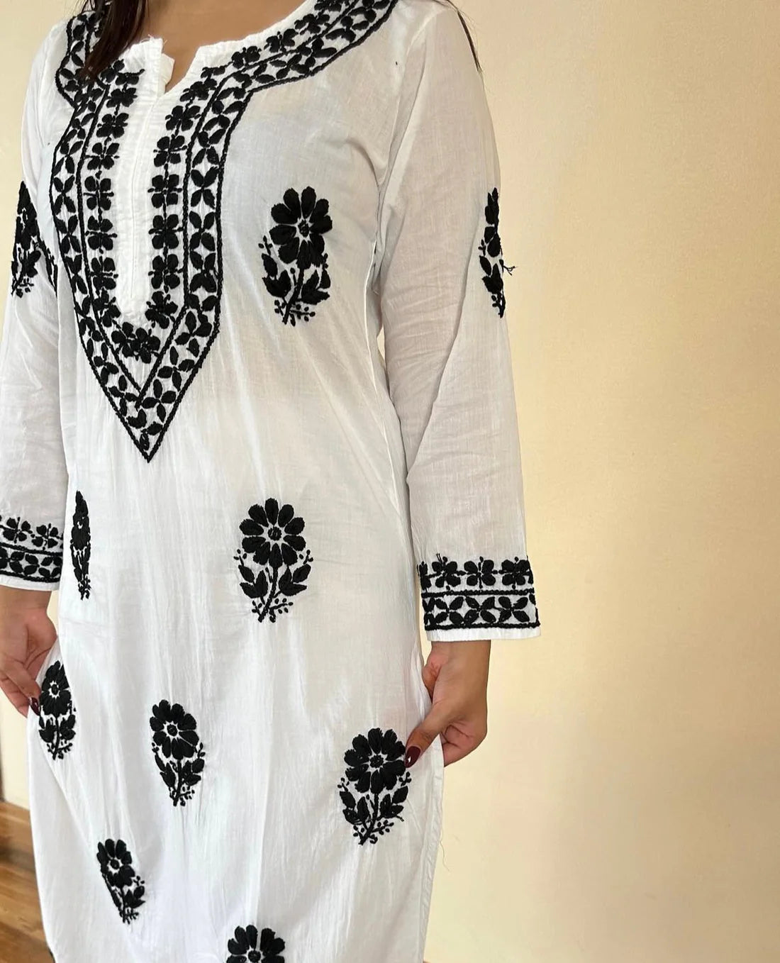 Black Sheen Chikankari Mulmul kurti with colorful Threadworks