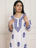 Blue Sheen Chikankari Mulmul kurti with colorful Threadworks