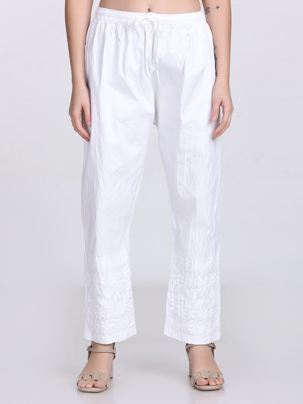 White Cotton Chikankari Kurti & Lycra Pant Set, Pockets Both Side of the Pant