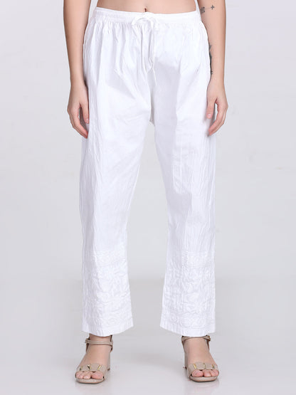 White Cotton Chikankari Kurti & Lycra Pant Set, Pockets Both Side of the Pant