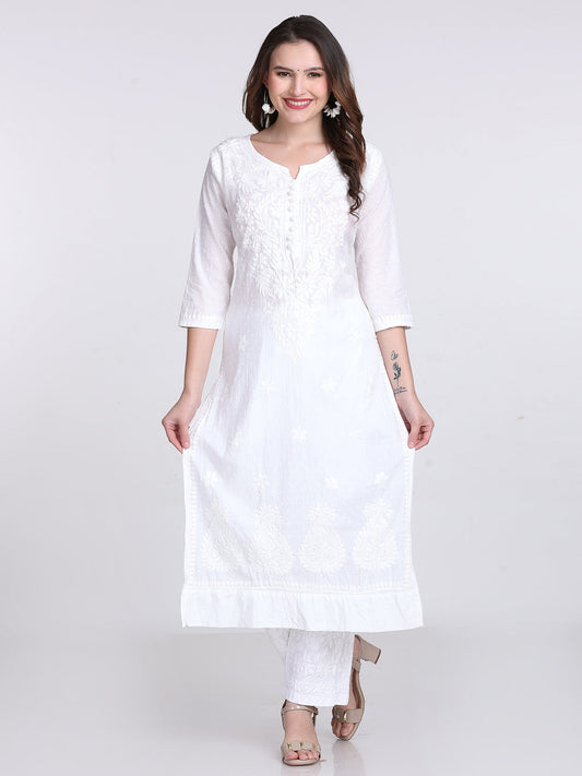 White Cotton Chikankari Kurti & Lycra Pant Set, Pockets Both Side of the Pant