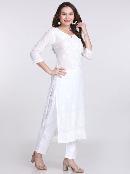 White Cotton Chikankari Kurti & Lycra Pant Set, Pockets Both Side of the Pant