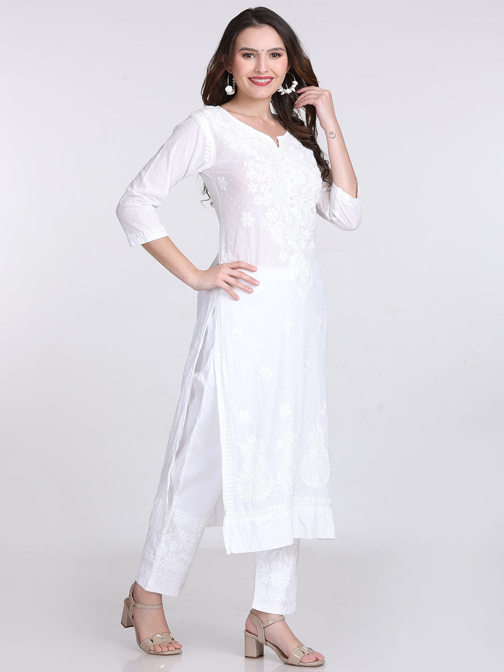 White Kubra Dyed Cotton Kurti & Pant Set