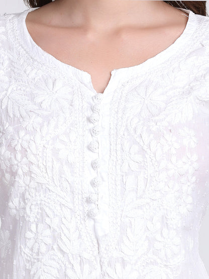 White Cotton Chikankari Kurti & Lycra Pant Set, Pockets Both Side of the Pant