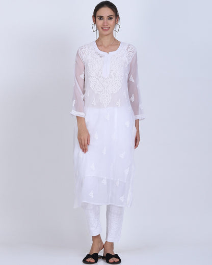 Women's Chiffon Georgette Chikankari Ton-to-Ton Kurti with Inner & White Lycra Pant Set