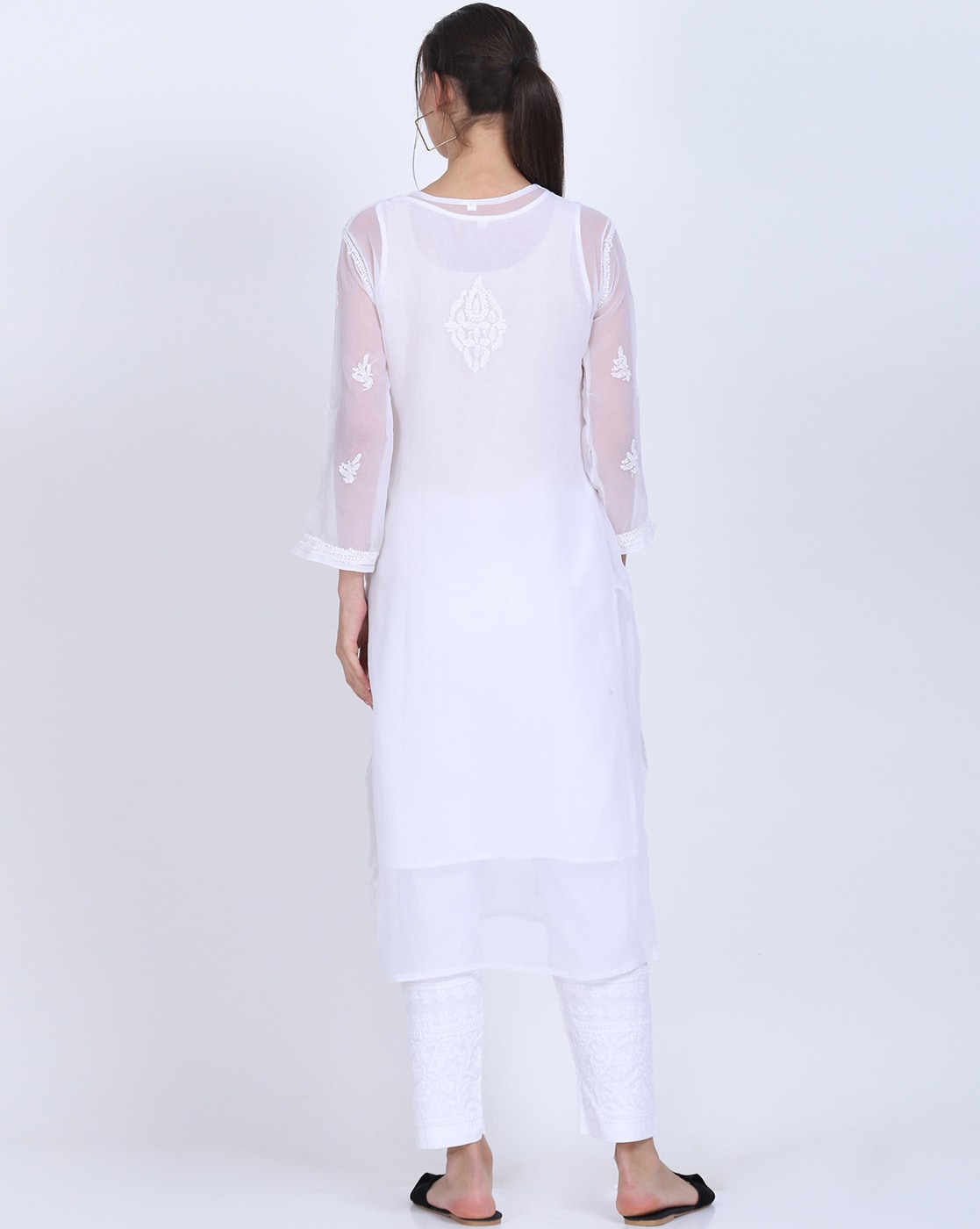 Women's Chiffon Georgette Chikankari Ton-to-Ton Kurti with Inner & White Lycra Pant Set
