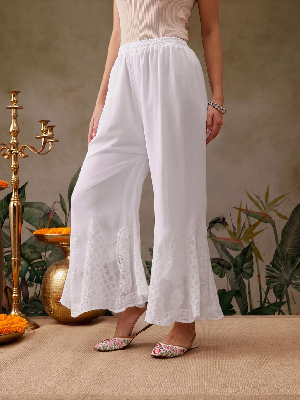 White Sanam Flared Kalidaar Chikankari Chiffon Georgette Sharara With Lining Attached Inside the Sharara