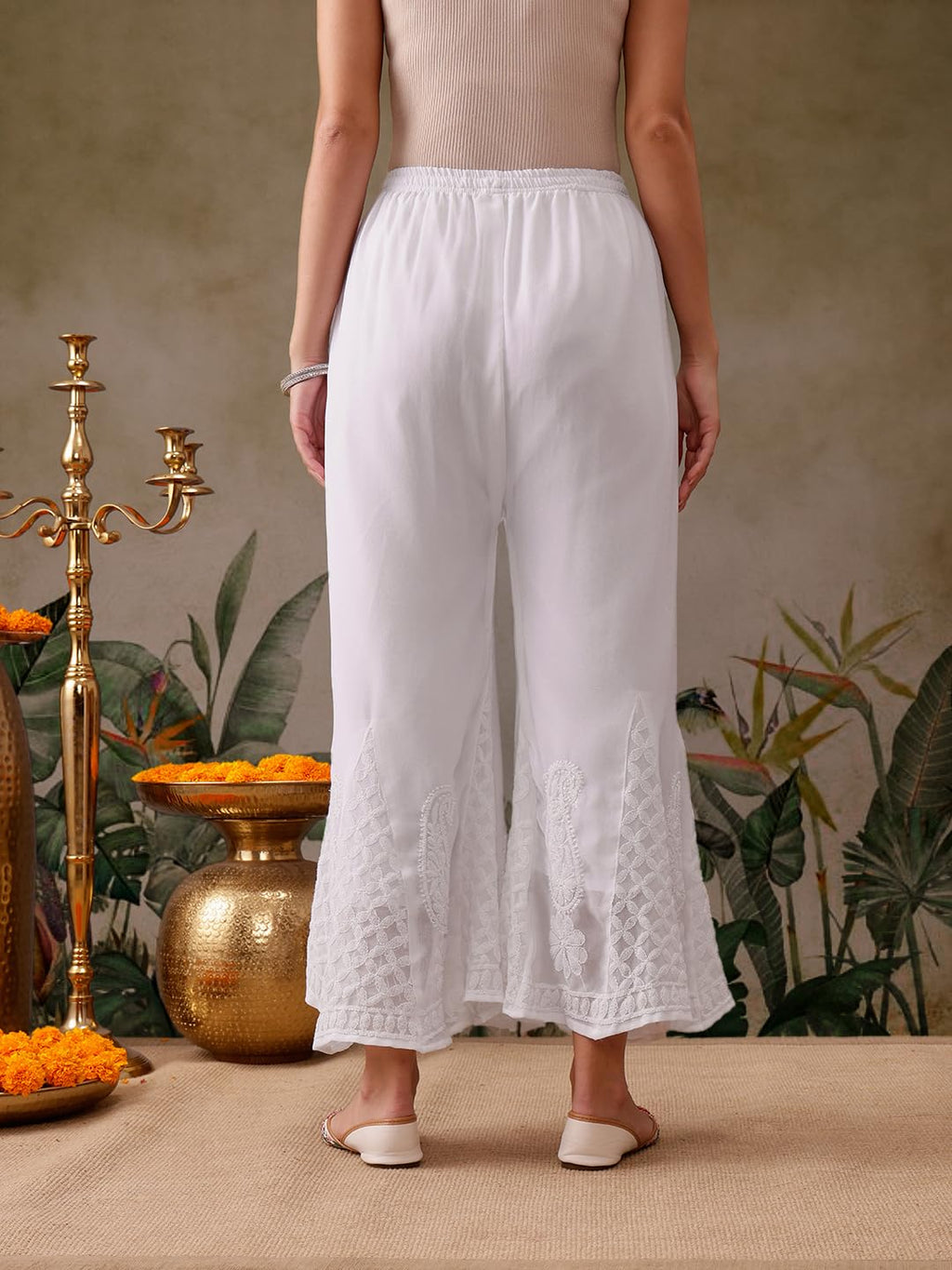 White Sanam Flared Kalidaar Chikankari Chiffon Georgette Sharara With Lining Attached Inside the Sharara