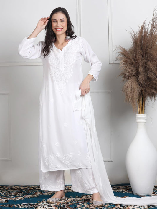 White Sophisticated Premium Rayon Chikankari Kurti, Palazzo and Dupatta Set.