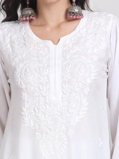 White Sophisticated Premium Rayon Chikankari Kurti, Palazzo and Dupatta Set.