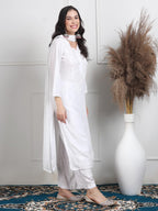 White Nikhat White Rayon Kurti, Palazzo & Dupatta Set