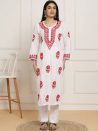 Red Sheen Chikankari Mulmul kurti with colorful Threadworks