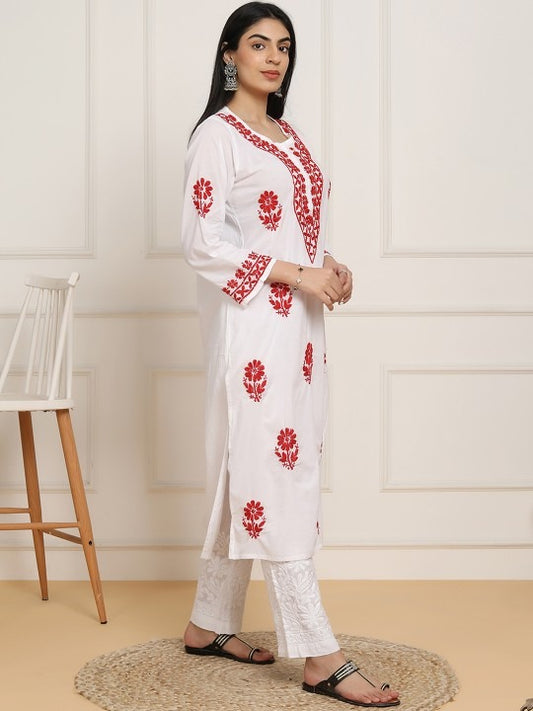 White Base Mulmul Straight Fit Long Chikankari kurti With Colorful Threadworks, Summer Perfection