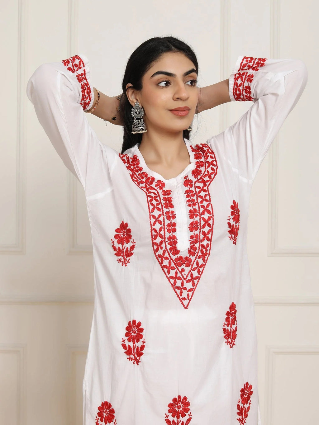 Red Sheen Chikankari Mulmul kurti with colorful Threadworks