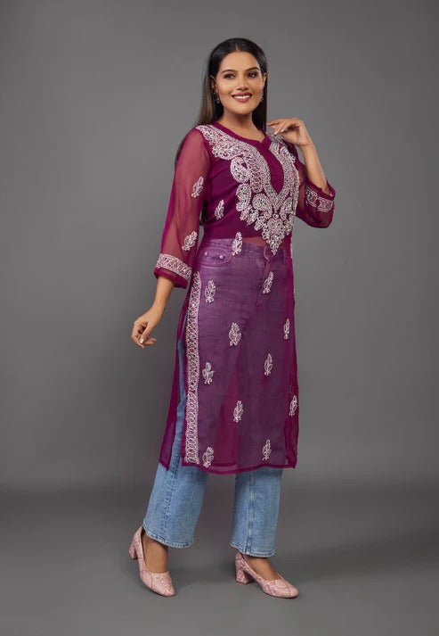 Wine Gulbarg Mirror Work Chikankari Kurti with Inner