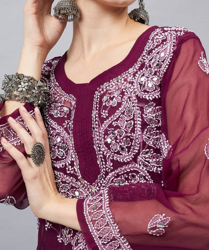Chikankari Chiffon Georgette Straight Kurti With Real Pasted Mirror Work & Matching Cotton Inner